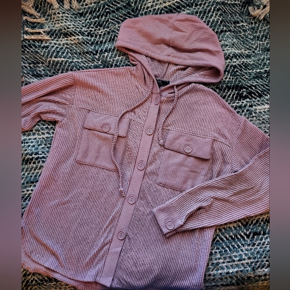 Fall essential ribbed mauve button-down hoodie jacket. Like new. Lightweight